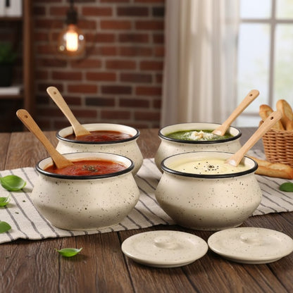 Caffeine Ceramic Handmade Cream & Black Matte Dip and Sauce (Set of 4, 50 ml)