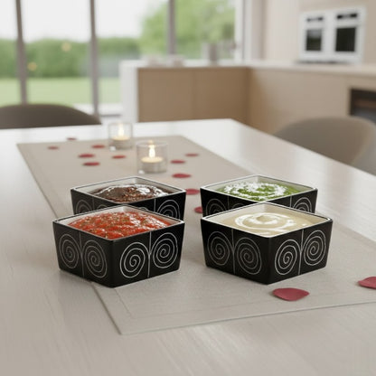 Caffeine Ceramic Stoneware Handmade Black Doodle Dip and Sauce (Set of 4, 40 ml)