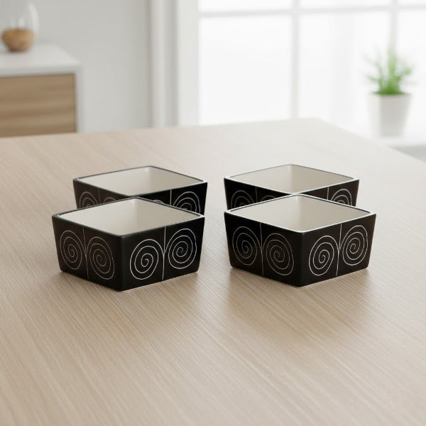Caffeine Ceramic Stoneware Handmade Black Doodle Dip and Sauce (Set of 4, 40 ml)