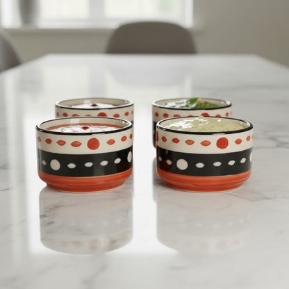 Caffeine Ceramic Stoneware Handmade Red & Black Dotted Dip and Sauce (Set of 4, 50 ml)