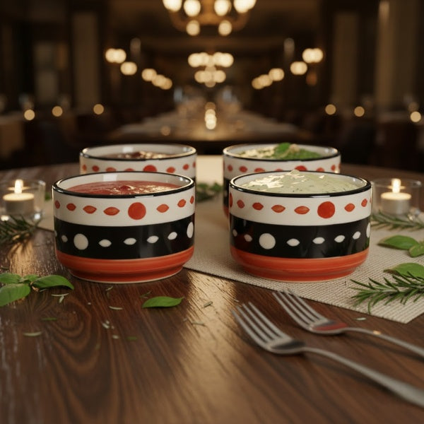 Caffeine Ceramic Stoneware Handmade Red & Black Dotted Dip and Sauce (Set of 4, 50 ml)