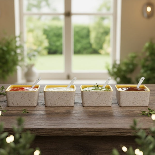 Caffeine Ceramic Handmade Cream and Yellow Matte Dip & Sauce (Set of 4, 40 ml)