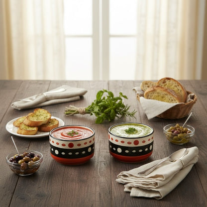 Caffeine Ceramic Stoneware Handmade Red & Black Dotted Dip and Sauce (Set of 2, 50 ml)