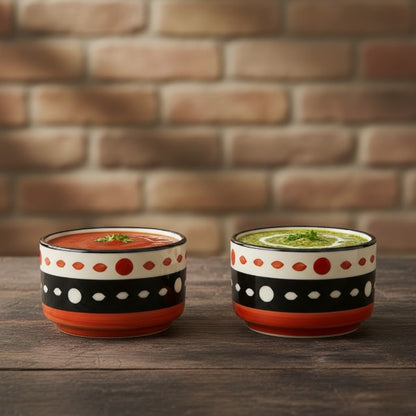 Caffeine Ceramic Stoneware Handmade Red & Black Dotted Dip and Sauce (Set of 2, 50 ml)
