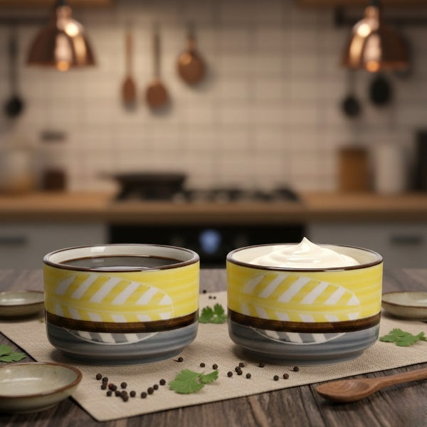 Caffeine Ceramic Stoneware Handmade Yellow & Gray Leaf Dip and Sauce (Set of 2, 50 ml)