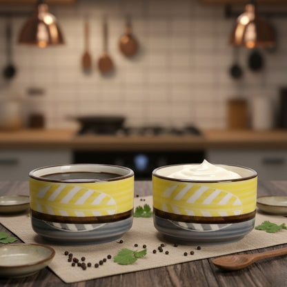 Caffeine Ceramic Stoneware Handmade Yellow & Gray Leaf Dip and Sauce (Set of 2, 50 ml)
