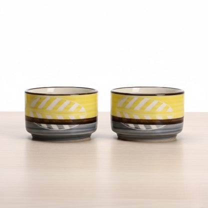 Caffeine Ceramic Stoneware Handmade Yellow & Gray Leaf Dip and Sauce (Set of 2, 50 ml)