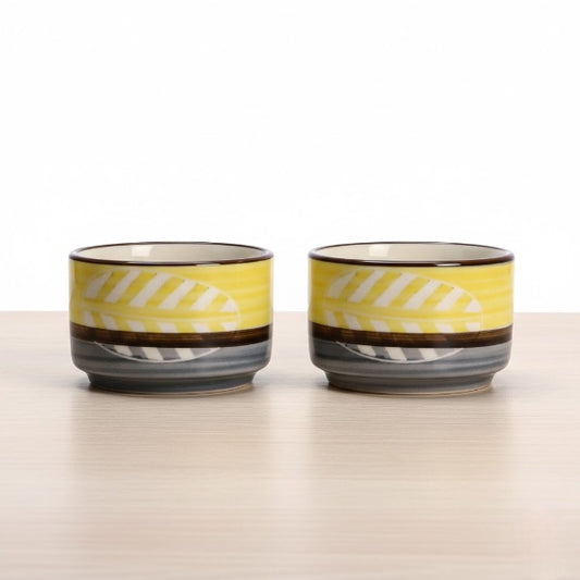 Caffeine Ceramic Stoneware Handmade Yellow & Gray Leaf Dip and Sauce (Set of 2, 50 ml)