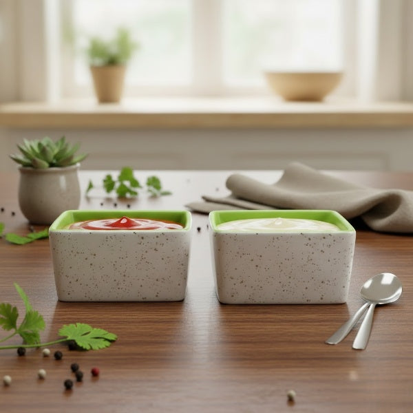 Caffeine Ceramic Stoneware Handmade Cream and Green Dip & Sauce Bowl (Set of 2,50ml)