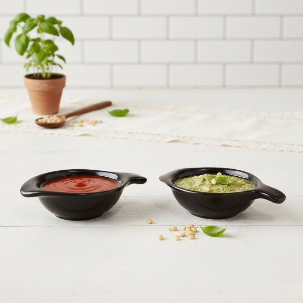 Caffeine Ceramic Stoneware Handmade Black Glossy Diya Shape Dip and Sauce (Set of 2, 40 ml)