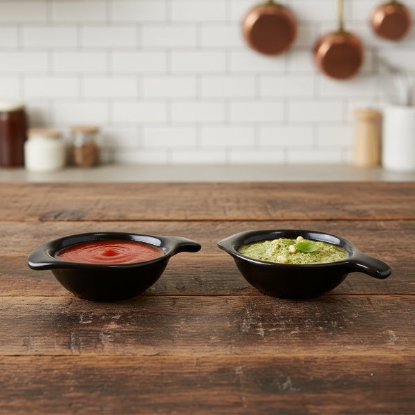 Caffeine Ceramic Stoneware Handmade Black Glossy Diya Shape Dip and Sauce (Set of 2, 40 ml)