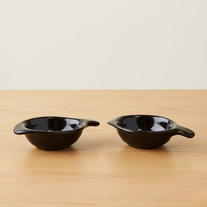 Caffeine Ceramic Stoneware Handmade Black Glossy Diya Shape Dip and Sauce (Set of 2, 40 ml)