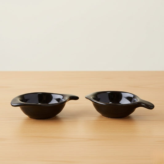Caffeine Ceramic Stoneware Handmade Black Glossy Diya Shape Dip and Sauce (Set of 2, 40 ml)