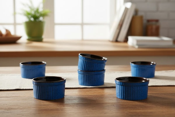 Caffeine Ceramic Handmade Blue & Brown ramekins Bowl (Set of 6, 150 ml)