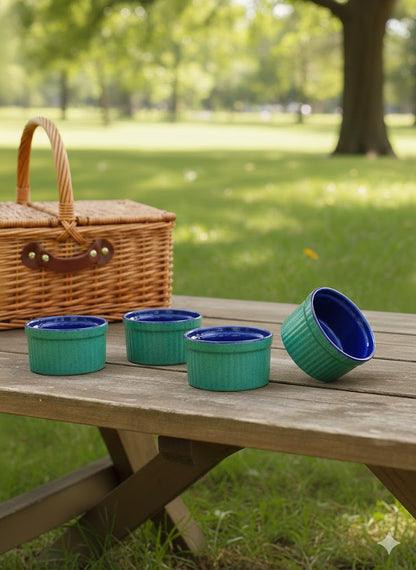 Caffeine Ceramic Handmade Blue & Green Ramekins Bowls (Set of 4)