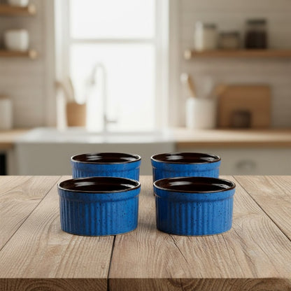 Caffeine Ceramic Handmade Blue and Brown Ramekins dessert bowl - (Set of 4)