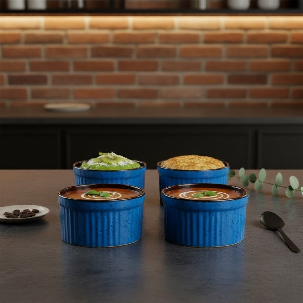 Caffeine Ceramic Handmade Blue and Brown Ramekins dessert bowl - (Set of 4)