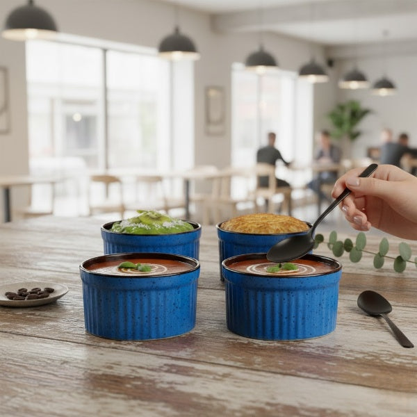 Caffeine Ceramic Handmade Blue and Brown Ramekins dessert bowl - (Set of 4)
