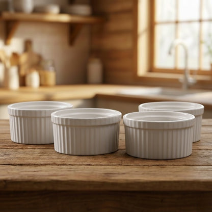 Caffeine Ceramic Handmade Glossy White Ramekin bowl (Set of 4, 150 ml)