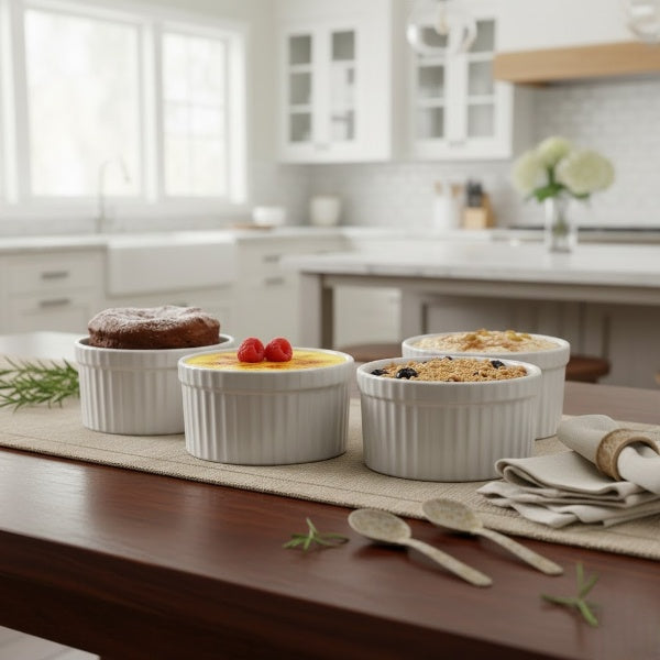 Caffeine Ceramic Handmade Glossy White Ramekin bowl (Set of 4, 150 ml)