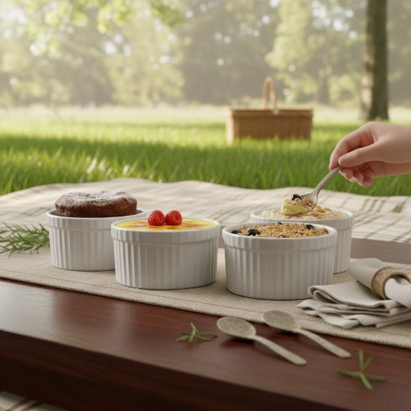 Caffeine Ceramic Handmade Glossy White Ramekin bowl (Set of 4, 150 ml)