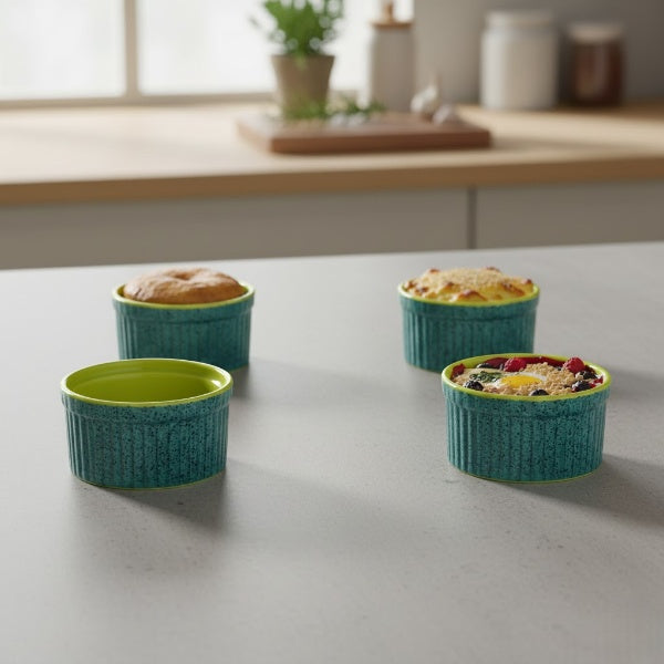 Caffeine Ceramic Handmade Glossy Turquoise Green Ramekin bowl (Set of 4)