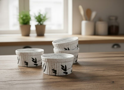 Caffeine Ceramic Handmade White Bamboo Ramekins Bowl (Set of 4)