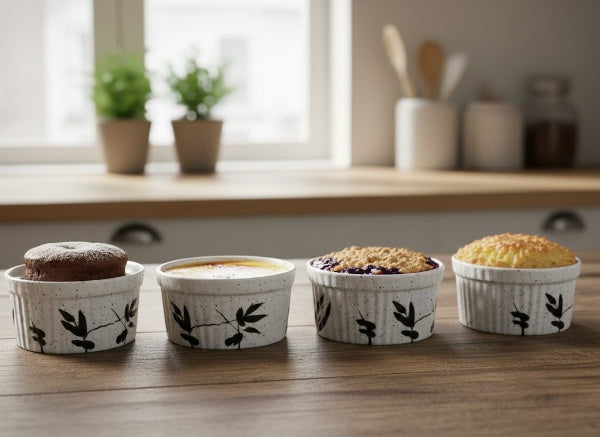 Caffeine Ceramic Handmade White Bamboo Ramekins Bowl (Set of 4)