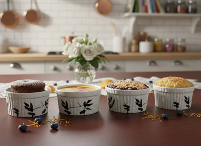 Caffeine Ceramic Handmade White Bamboo Ramekins Bowl (Set of 4)