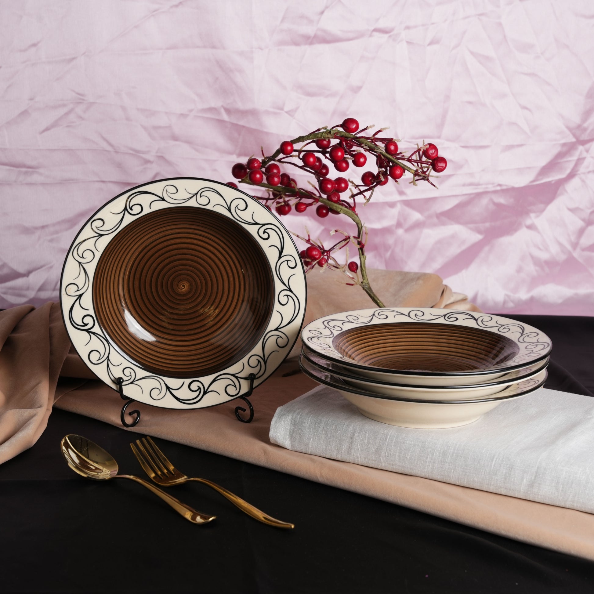Caffeine Ceramic Handmade Stoneware Brown Doodle 9" Soup Plate set of 6 - Caffeine Premium Stoneware