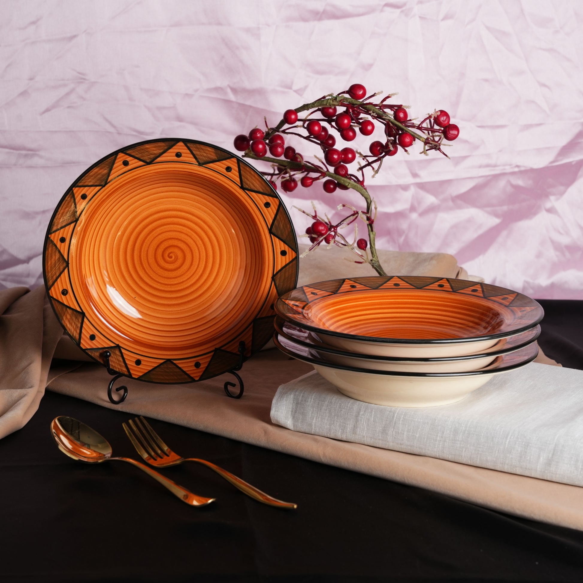 Caffeine Ceramic Handmade Stoneware Brown Soorya Soup Plates/Pasta Plate/Maggie Plate/Macaroni Plate 9 inch (Set of 6 Dishwasher & Microwave Safe) - Caffeine Premium Stoneware