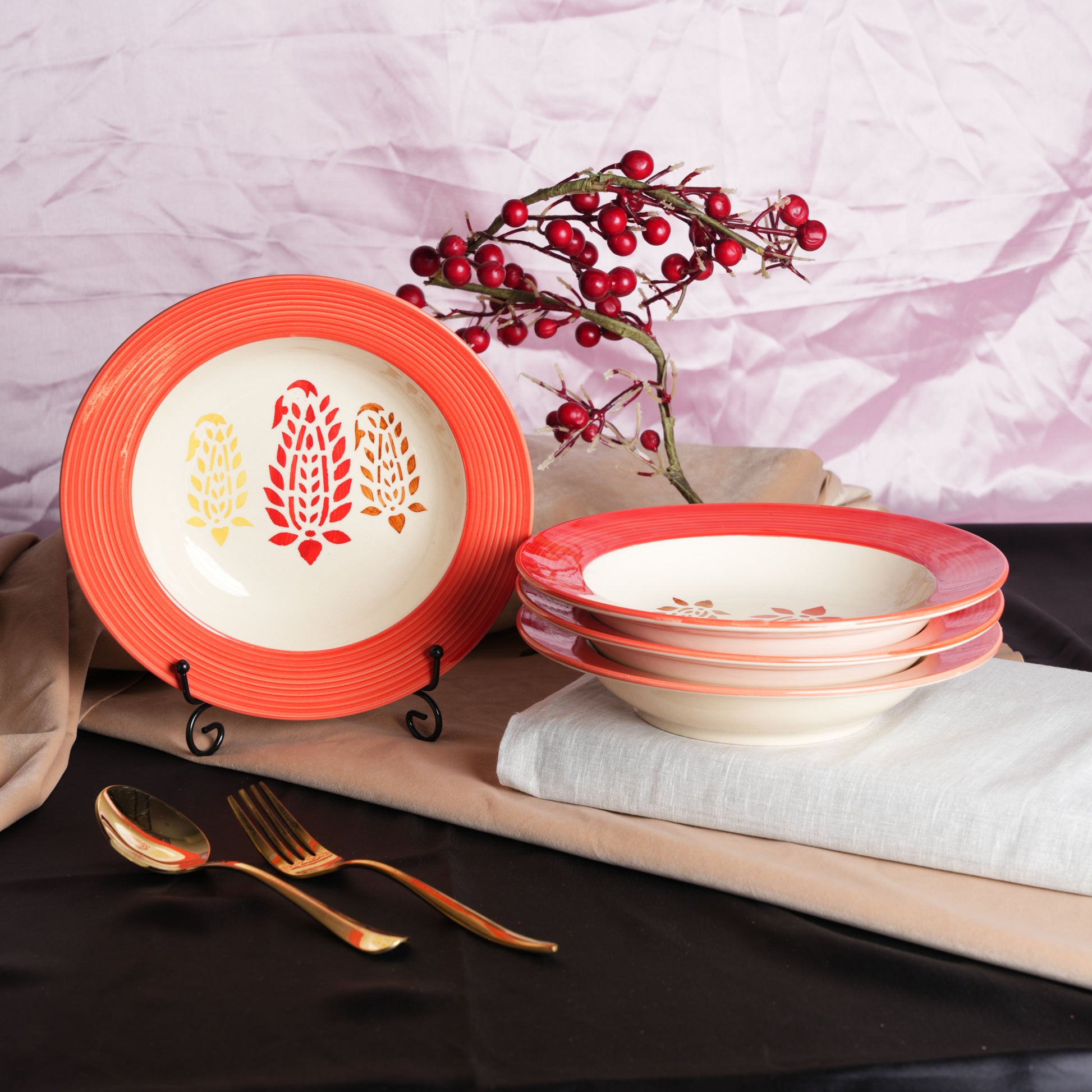 Caffeine Ceramic Handmade Stoneware Red Boota  9"Soup Plate set of 6 - Caffeine Premium Stoneware