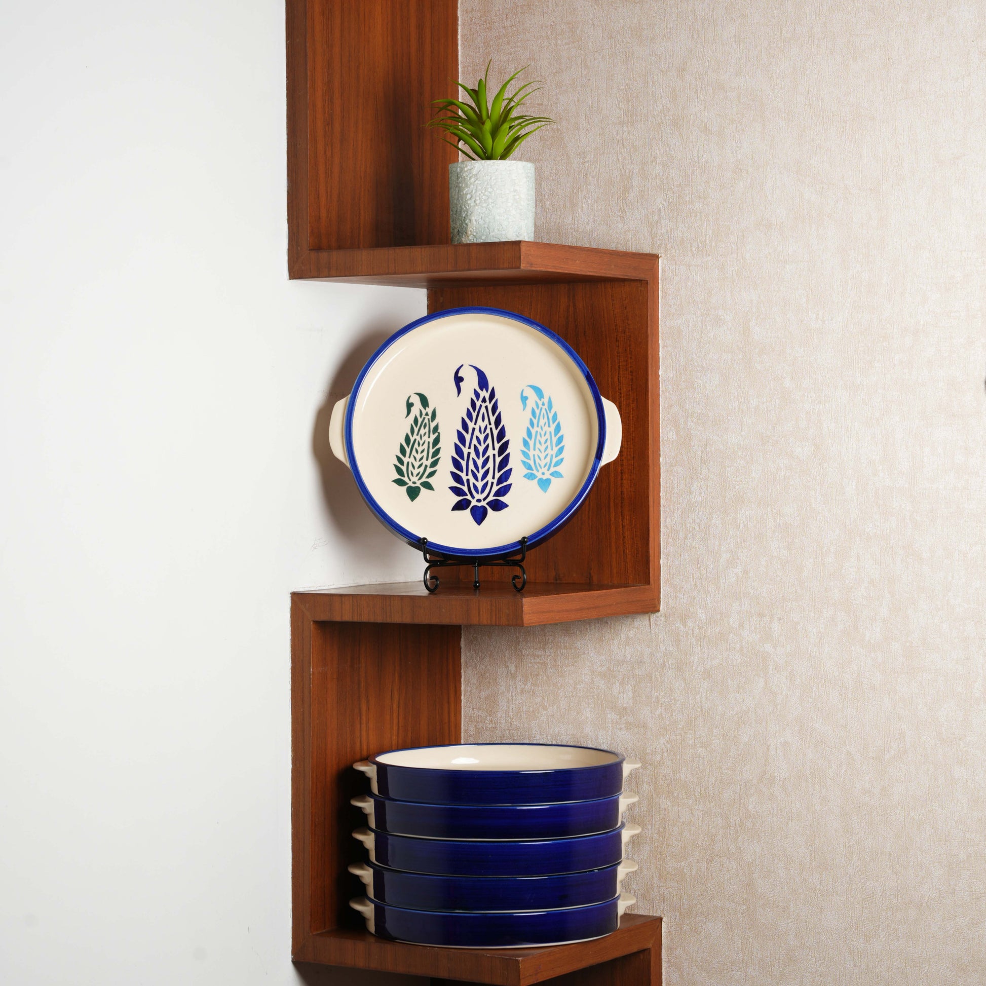 Caffeine Ceramic Stoneware Handmade Blue Boota Sizzler Tray 9.5 Inch (Set of 6) - Caffeine Premium Stoneware