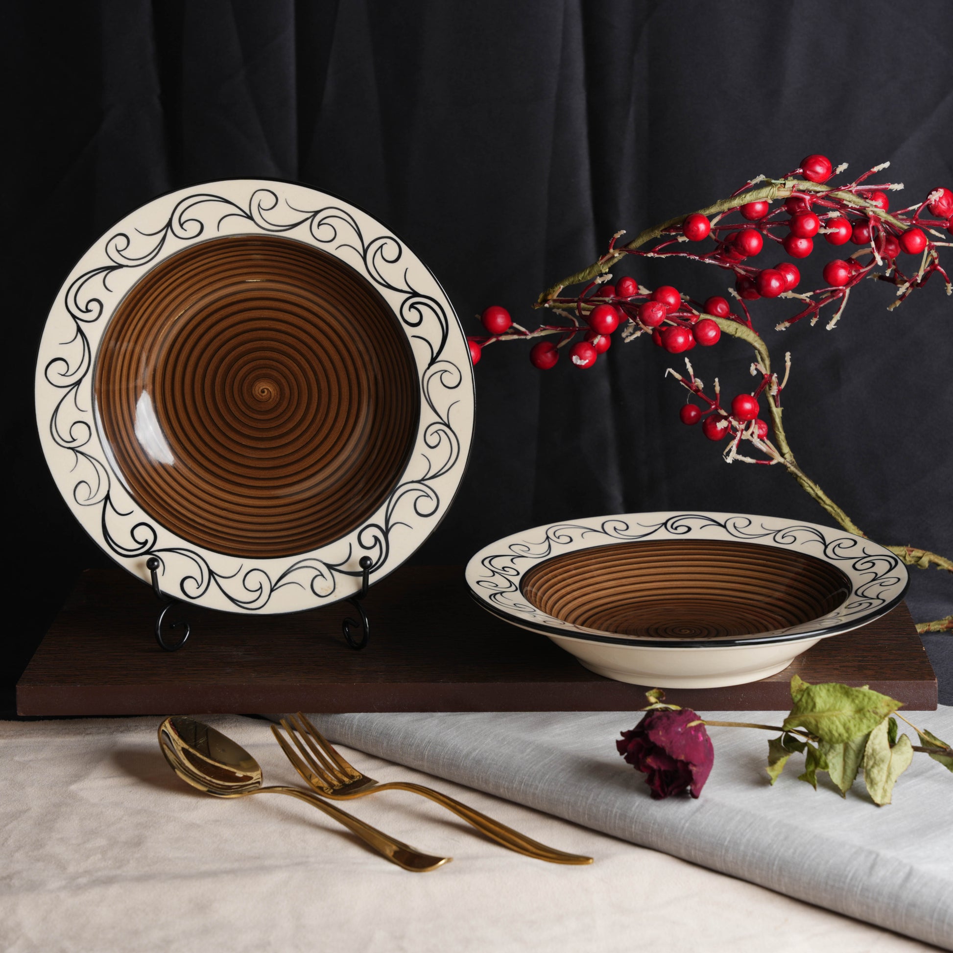 Caffeine Ceramic Handmade Stoneware Brown Doodle 9" Soup Plate set of 6 - Caffeine Premium Stoneware