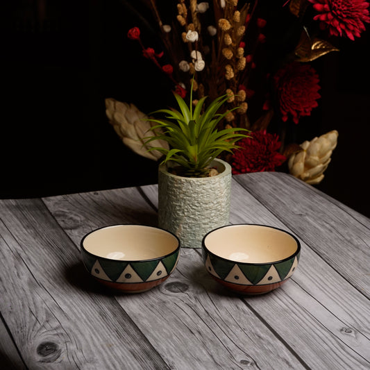 Caffeine Ceramic Handmade Green Tribal Katori Bowl (Set of 2) - Caffeine Premium Stoneware
