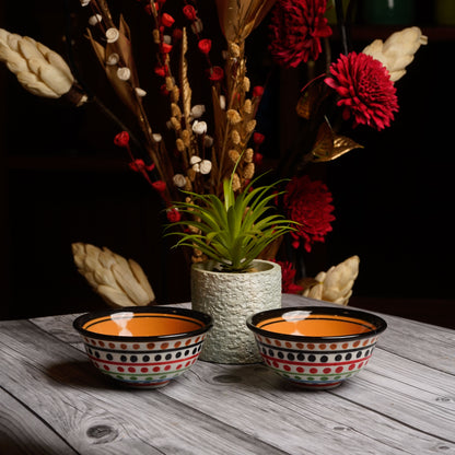 Caffeine Ceramic Handmade White and Orange Multi Dotted Katori Bowl ( Set of 2 ) - Caffeine Premium Stoneware