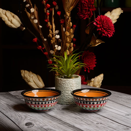 Caffeine Ceramic Handmade White and Orange Multi Dotted Katori Bowl ( Set of 2 ) - Caffeine Premium Stoneware