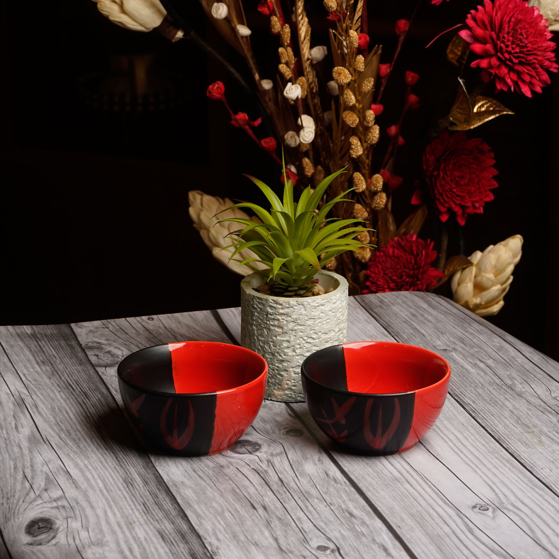 Caffeine Ceramic Handmade Red & Black Bamboo Katori Bowl (Set of 4) - Caffeine Premium Stoneware
