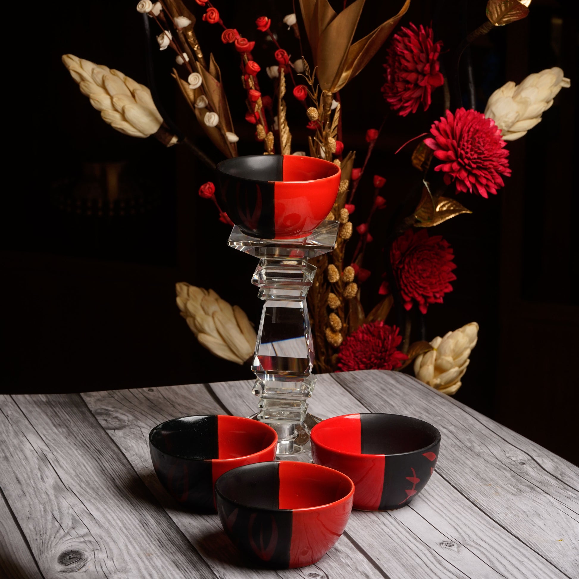 Caffeine Ceramic Handmade Red & Black Bamboo Katori Bowl (Set of 4) - Caffeine Premium Stoneware