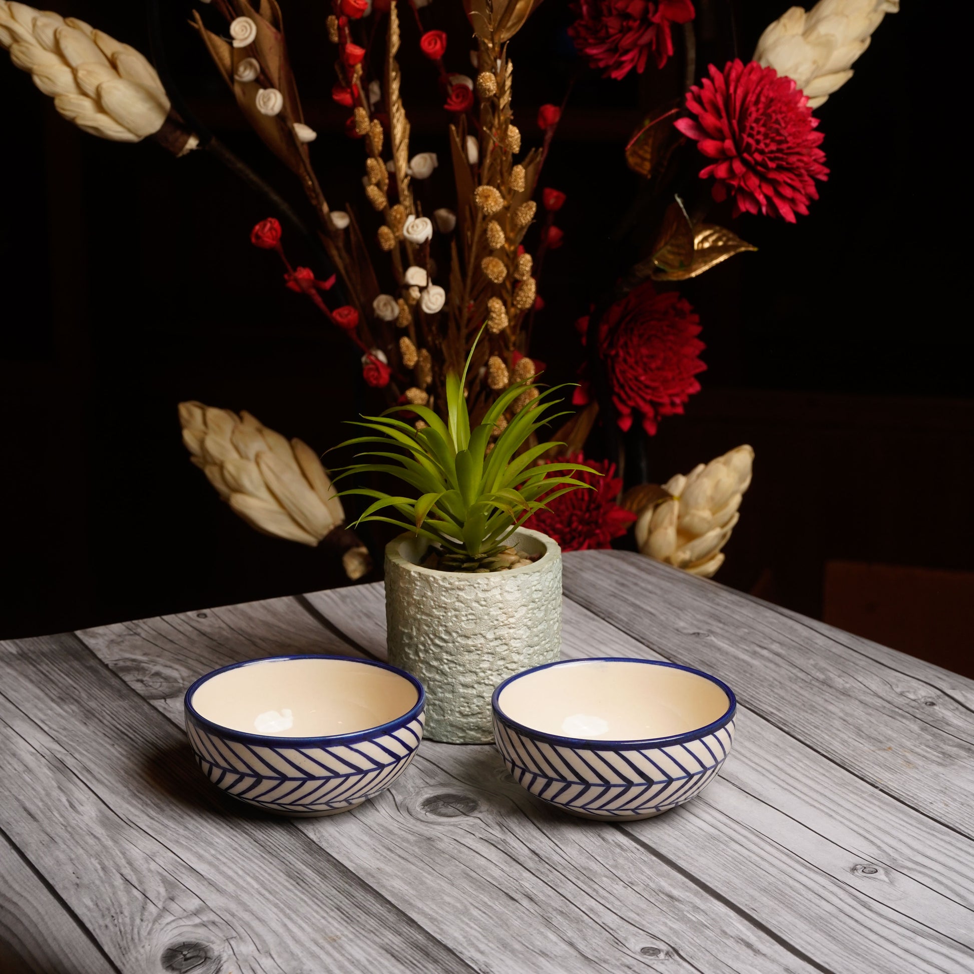 Caffeine Ceramic Handmade Royal Blue Chevron Katori Bowls 200 ml Set of 4 - Caffeine Premium Stoneware
