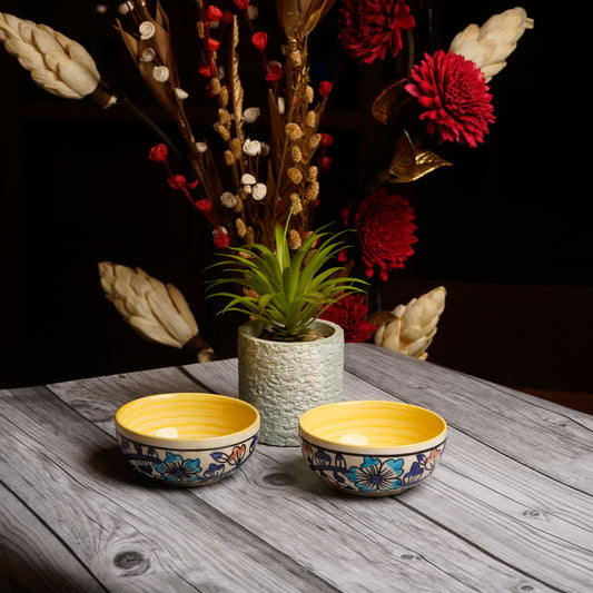 Caffeine Ceramic Handmade Royal Blue & Yellow Flowra Print Katori Bowls (200 ml, Set of 2) - Caffeine Premium Stoneware