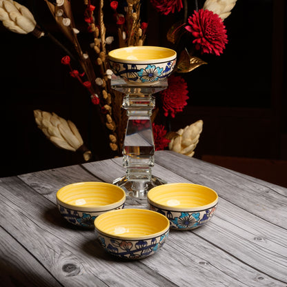 Caffeine Ceramic Handmade Royal Blue & Yellow Flowra Print Katori Bowls (200 ml, Set of 4) - Caffeine Premium Stoneware