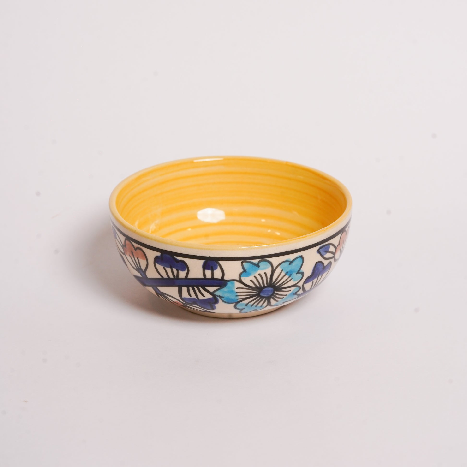 Caffeine Ceramic Handmade Royal Blue & Yellow Flowra Print Katori Bowls (200 ml, Set of 4) - Caffeine Premium Stoneware