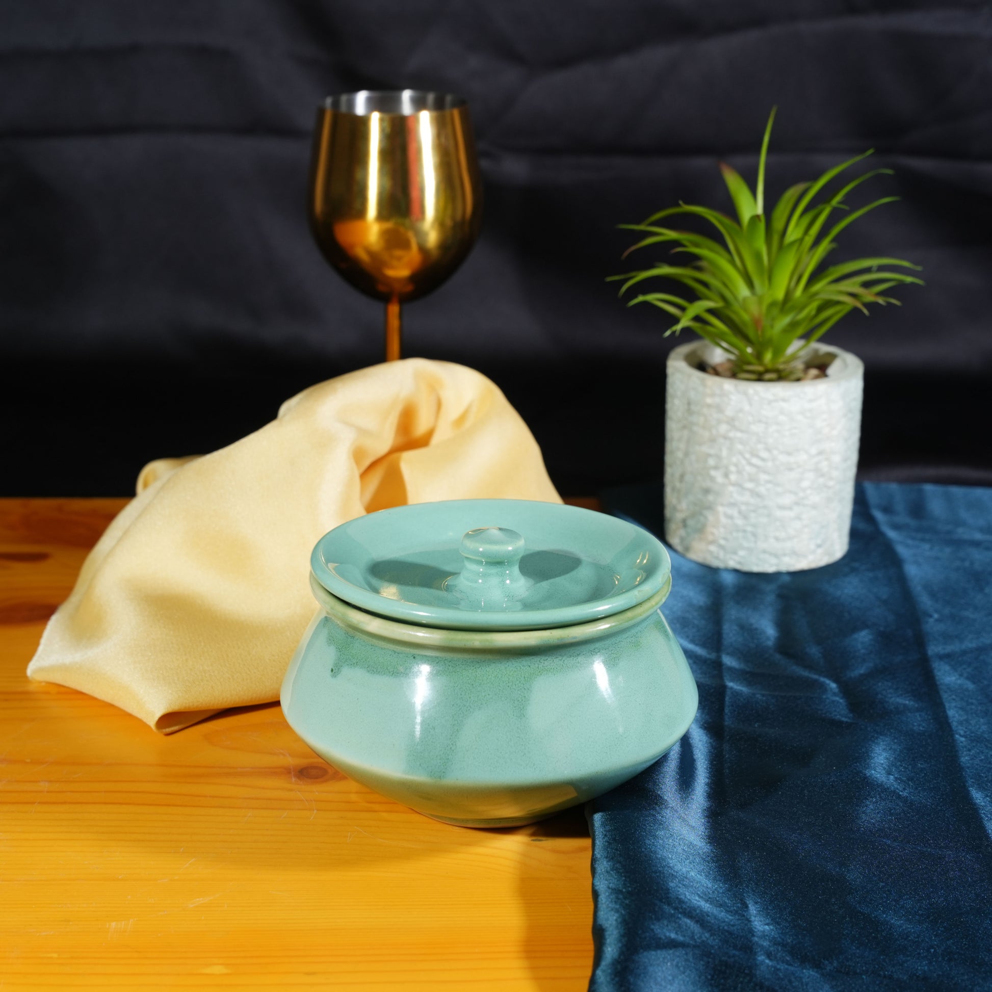 Caffeine Ceramic Handmade Green Ferrous Serving Handi with Lid (Set of 4) - Caffeine Premium Stoneware