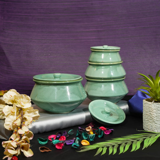 Caffeine Ceramic Handmade Green Ferrous Serving Handi with Lid (Set of 4) - Caffeine Premium Stoneware