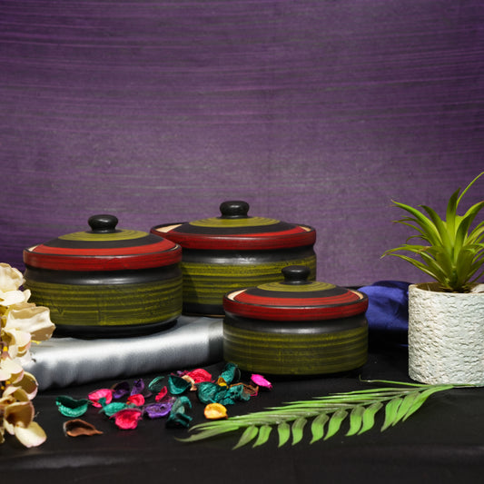 Caffeine Ceramic Handmade Green Chandrakari Serving Casserole with Lid (Set of 3) - Caffeine Premium Stoneware
