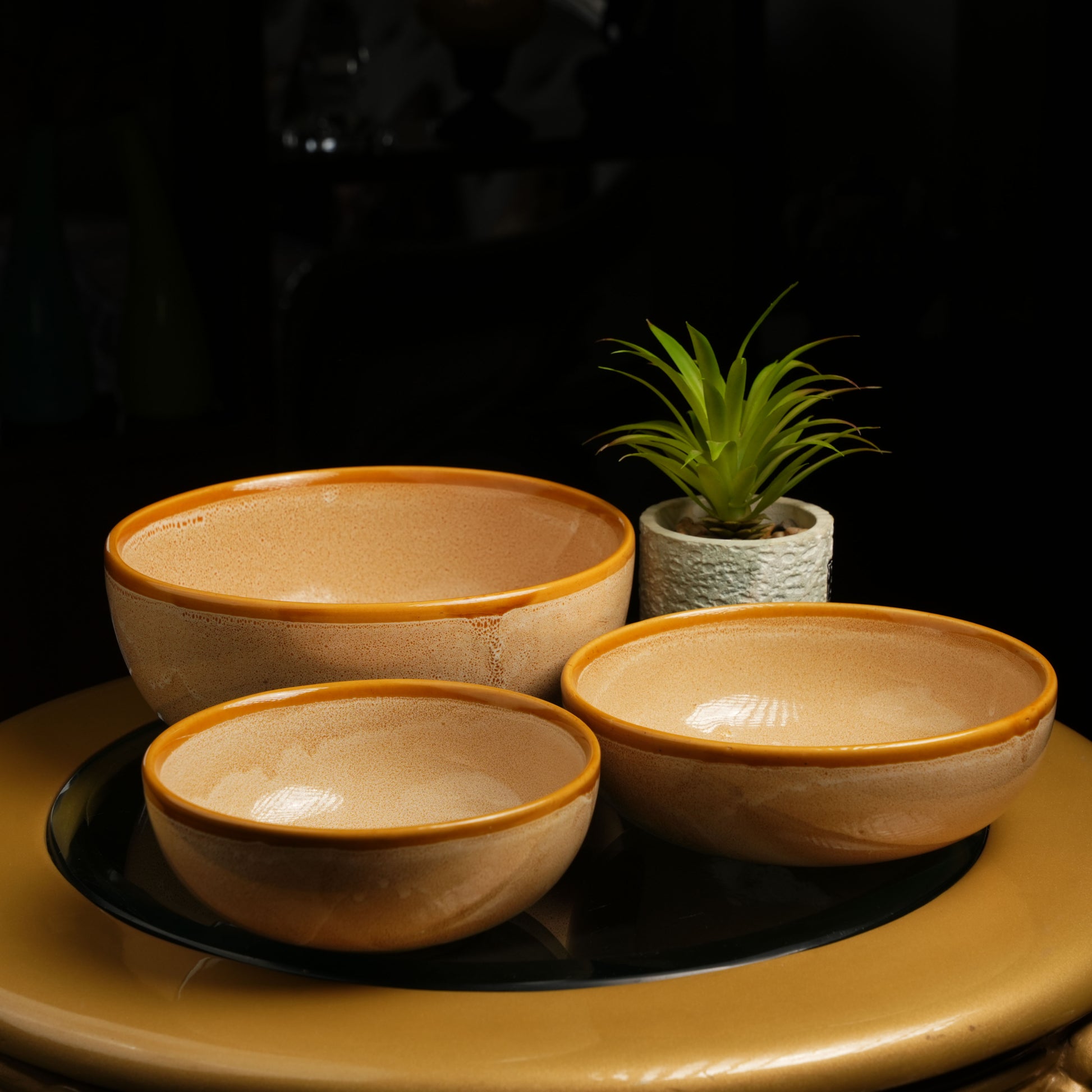 Caffeine Ceramic Handmade Mustard Crackle Serving Bowl (Set of 3) - Caffeine Premium Stoneware
