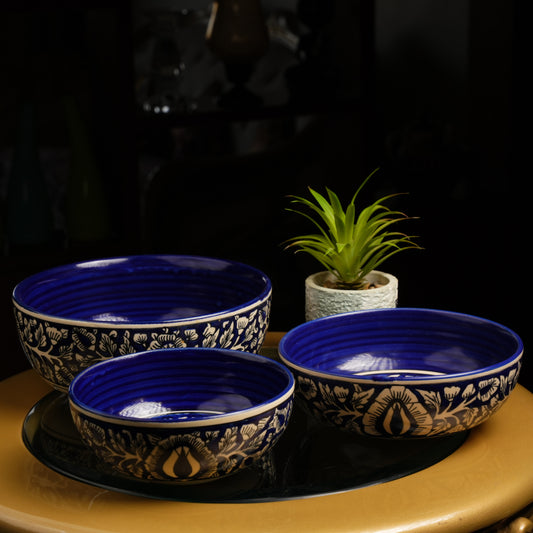 Caffeine Ceramic Handmade Blue Mughal Serving Bowl (Set of 3) - Caffeine Premium Stoneware