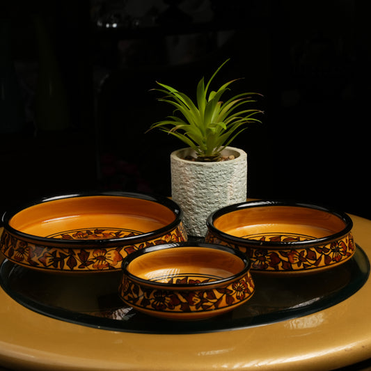 Caffeine Ceramic Handmade Brown Sehra Handi design  Serving Bowl (Set of 3) - Caffeine Premium Stoneware