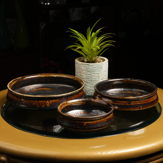 Caffeine Ceramic Handmade Wood Brown Serving Bowl (Set of 3) - Caffeine Premium Stoneware